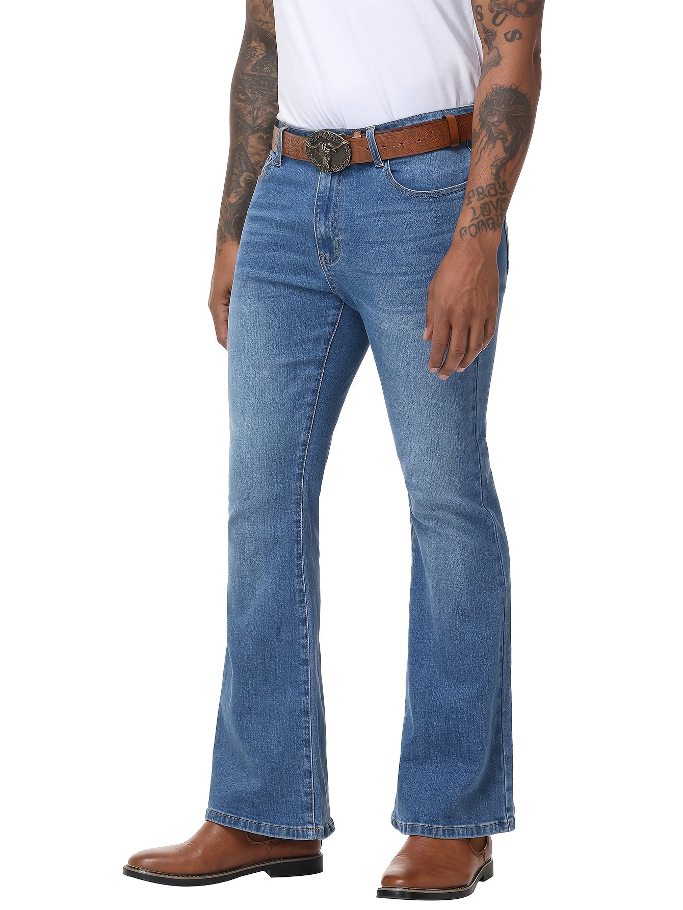 Men's Vintage 70s Retro Bell Bottom Jeans - Wide- Flare Pants with Mid-Stretch Blend, Beltless Suitable for Disco Parties, Night Out & Casual Attire, Machine Washable Mid-Rise Bottoms