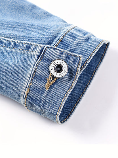 Ladies' Short Denim Jacket with a Slim Fit, Featuring 3/4 Sleeves And a Distressed Look