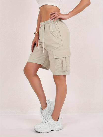 2pcs Women's American Workwear Cargo Shorts - Lightweight Straight-Leg with Multiple Pockets, Adjustable Drawstring Waist, Machine Washable Casual Mid-Thigh Length for Spring Summer Fall, Everyday Comfort, Functional Design, Durable Fabric