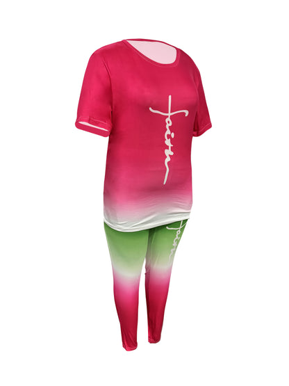 Women's Gradient Suit, Faith Letter Print, Pants with Pockets