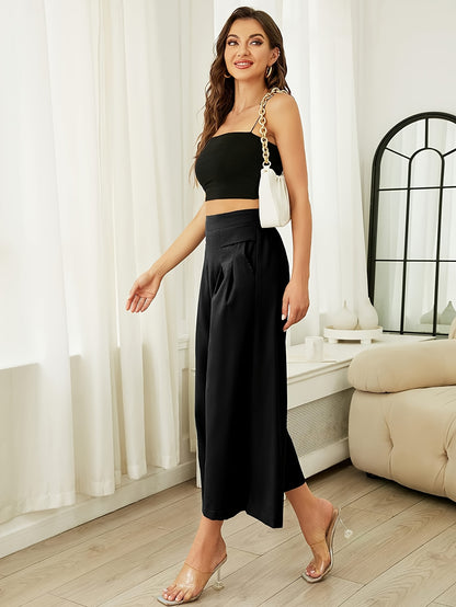 Women' Boho Linen Palazzo Wide Leg Pants - Elastic Capri Trousers with, 7/8 Length Culottes Suitable for Spring Summer Fall, Casual Solid Color Elastic Pants for Outfits & Casual Attire