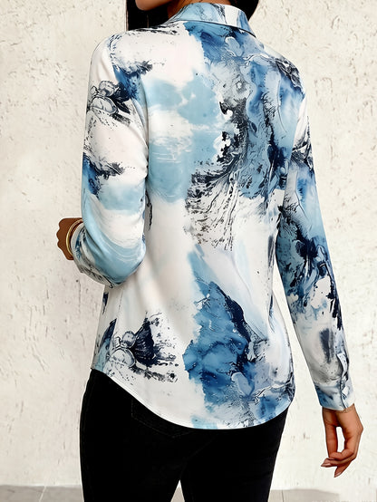 Marble Print Polo Collar Shirt, Casual Button Long Sleeve Shirt For Spring & Fall, Women'S Clothing