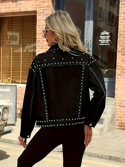 HME Autumn/Winter New Arrival - Studded Designer Women's Denim Jacket, Classic Colors, Non-Stretch Fabric Loose Fit, Comfortable and Elegant, All-Season Wear, Simple and Stylish Trendy Denim Biker Jacket, Heavy-Duty Washed Fabric, High Content