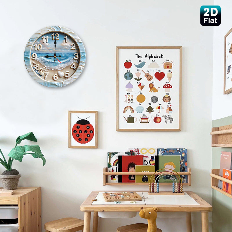 Modern Multi-Purpose 2D Flat Beach Scene Nursery Wall Clock, Perfect for Kitchen, Classroom & Office, Home, School, Apartment, (Battery-Powered (1 AA Required, Not Included))