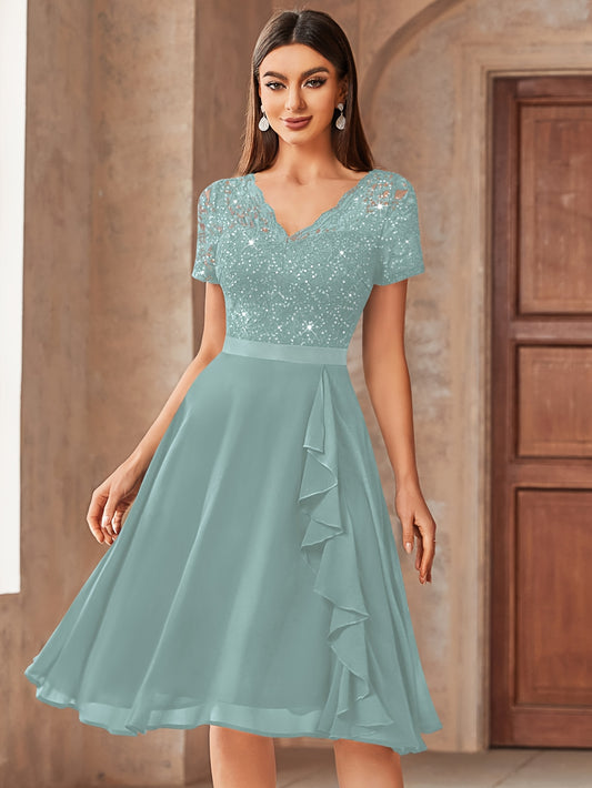 24224 Elegant Womens Sequin Lace Chiffon A Line Bridesmaid Dress, V Neck Short Sleeves, Ruched Ruffle Hem, Perfect for Graduation Season, Wedding Season, Summer Wedding Guest, Evening Party, Cruise Party And Birthday Celebration