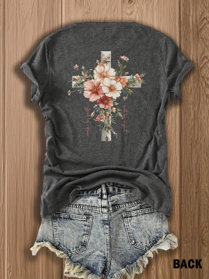Jesus Floral Cross Double-Sided Print T-shirt - Stylish Faith-Inspired Design for Casual Wear, Perfect for Christian Women, Trendy and Comfortable -blend T-shirt with Double-sided Print
