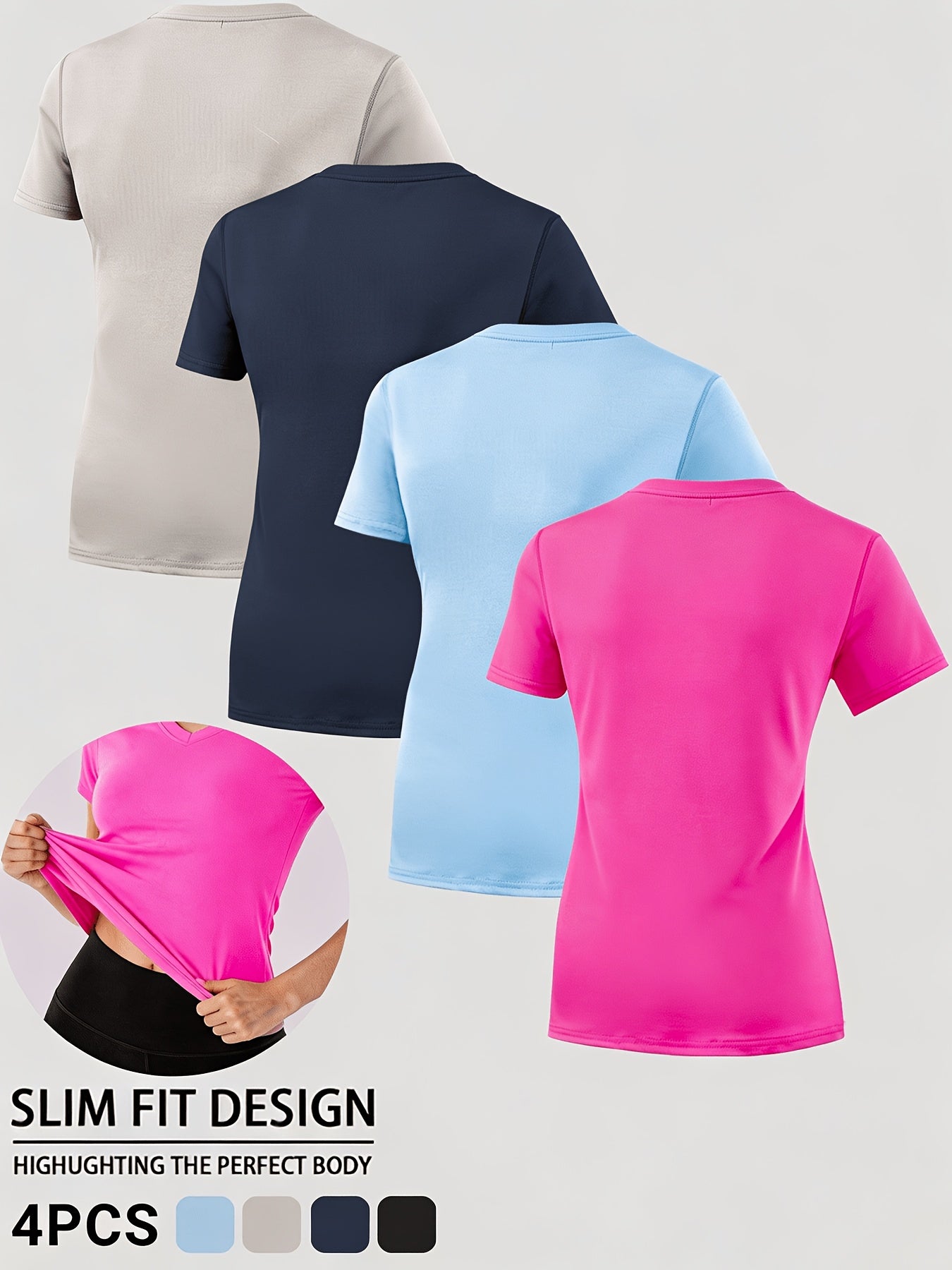4pcs Women's Barely There Sports T-Shirts V-Neck, Pullover Short Sleeve Tops, Stretchy, Quick-Dry, Breathable, Soft for Workout, Fitness, Running, Yoga, Pilates