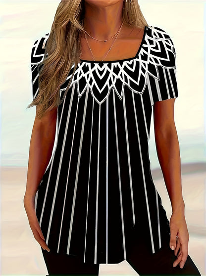New Summer Printed Striped Short-sleeved Square Collar Casual T-shirt