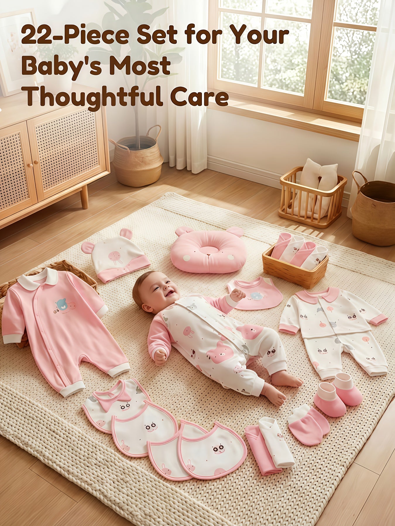 Baby Girl Clothes And Baby Items, Newborn Daily Necessities Complete Set, 0-3 Months, Total 22pcs, 3 Sets of Clothes And Swaddle Blanket And Hat And Bib And Hand And Foot Covers, Baby Fall Long Sleeve Suit, Baby Romper, Local Warehouse