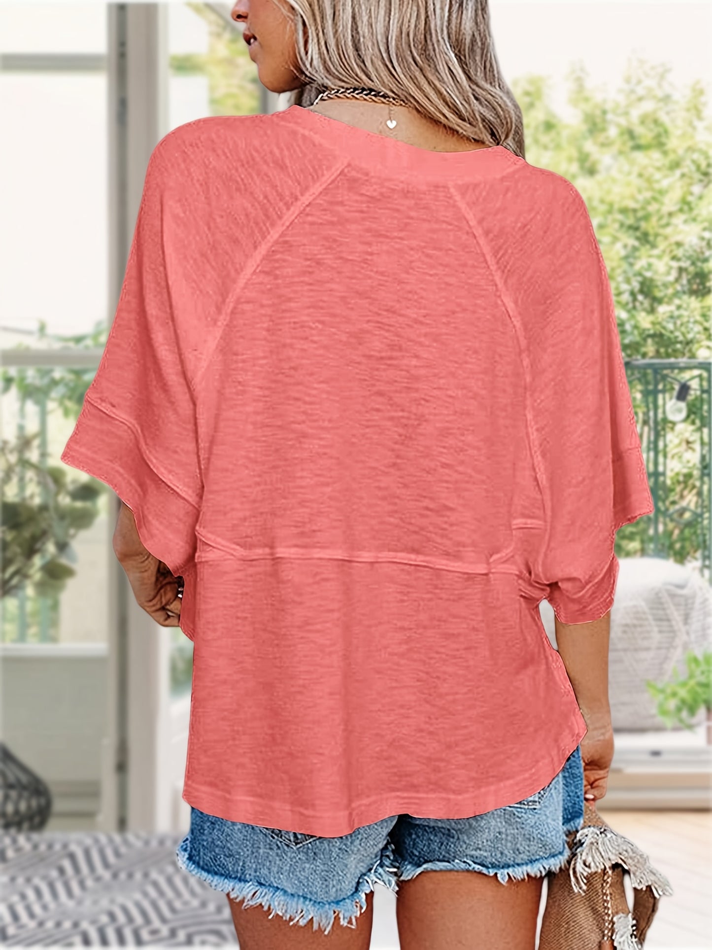 Women'S Summer Casual Crewneck Batwing Half Sleeve T-Shirts Solid Color Loose Fit Cute Basic Flowy Tops Tees Blouses