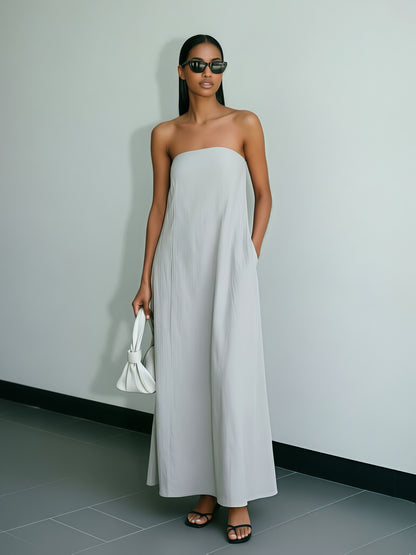 [Linen Beach Dress] Womens Linen Beach Dress Backless Sleeveless Wrap High Waist A Line Casual Summer Vacation Flowy Sundress Three Colors Light Grey Linen Beige Ivory White