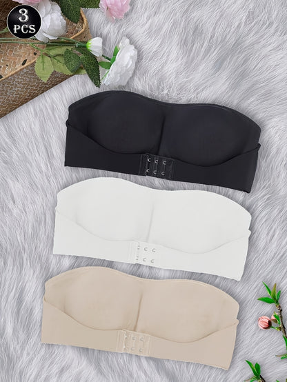 3pcs Strapless Bandeau Bra, Front Button No Wire Bra, Summer Seamless Bra, Solid Color Seamless Bra, Sexy And Comfortable Push-up Bra, Women's Smooth Backless Top Underwear, Women's Lingerie Bra
