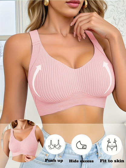 4pcs Women's Full-Cup Plus-Size Wire-Free Bras - High-Support Push-Up Lift & Shaping, Adjustable Wide Straps, Seamless Non-Detachable Cups, Soft Breathable Suitable for Mature Ladies, Elegant Collection, Machine Washable for Daily Wear