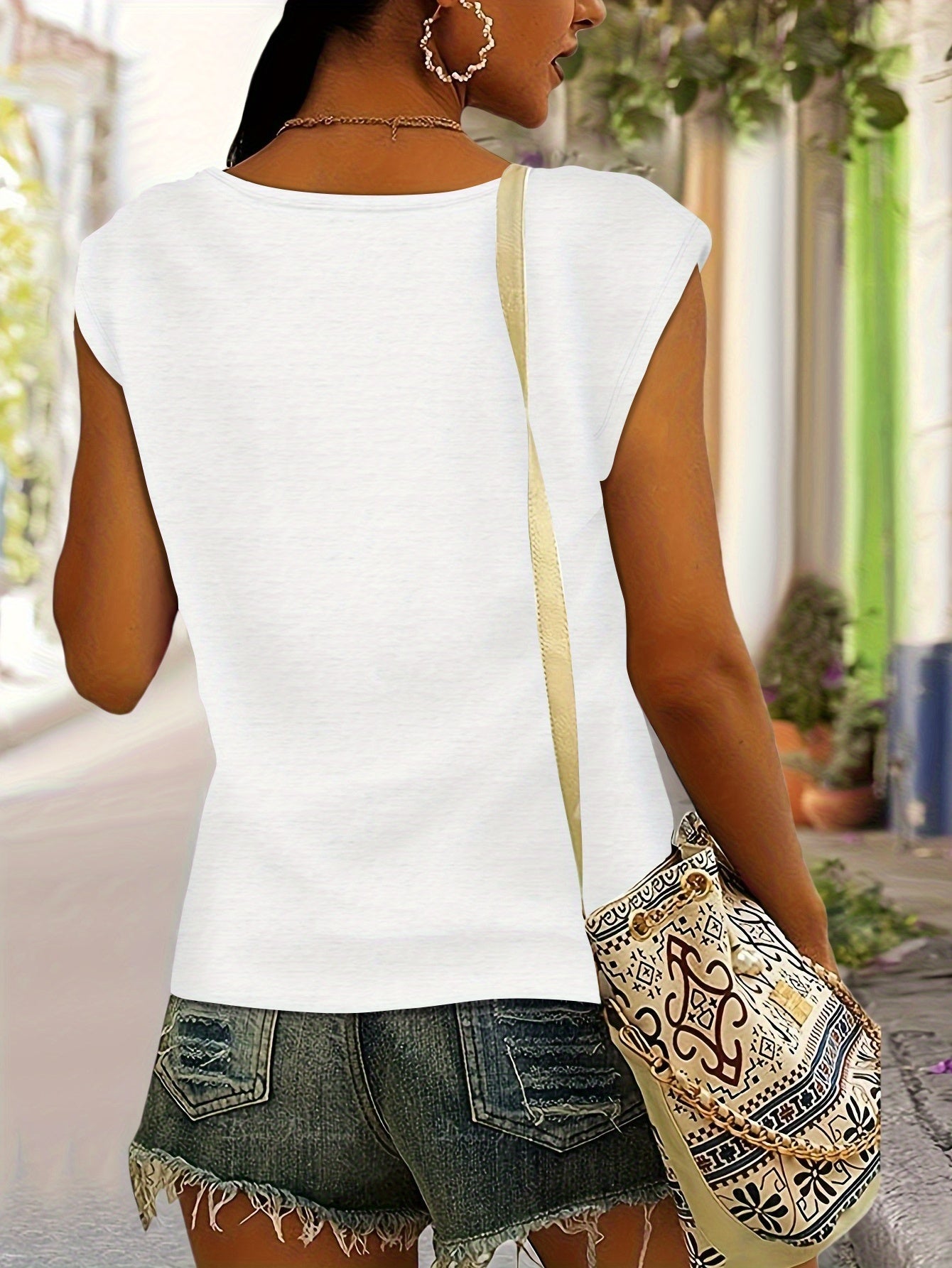 Women's Breathable Rayon V-Neck T-Shirt - Moon & Water Print H-Line Fitted Beach Top, Short Sleeve Casual Summer Blouse for Vacation, Machine Washable Spring/Summer Outfits