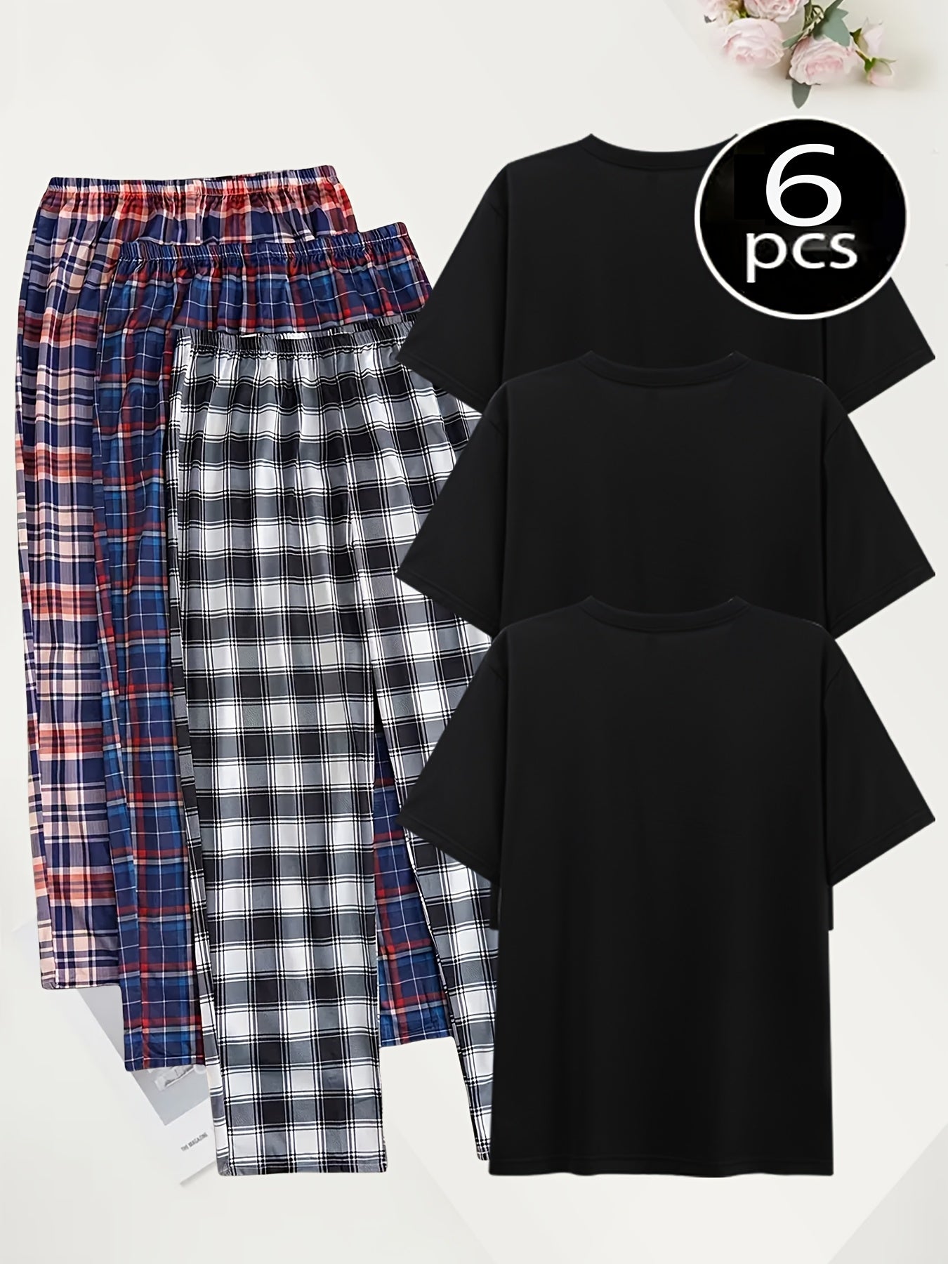 6pcs Men'S Loungewear Set 6pcs Soft And Comfortable Short Sleeve Plaid Trousers Multi Piece Loungewear Set 3 Sets Of Pajamas Short Sleeve Plaid Trousers Combo Set Elasticated Waist Can Be Worn Outside