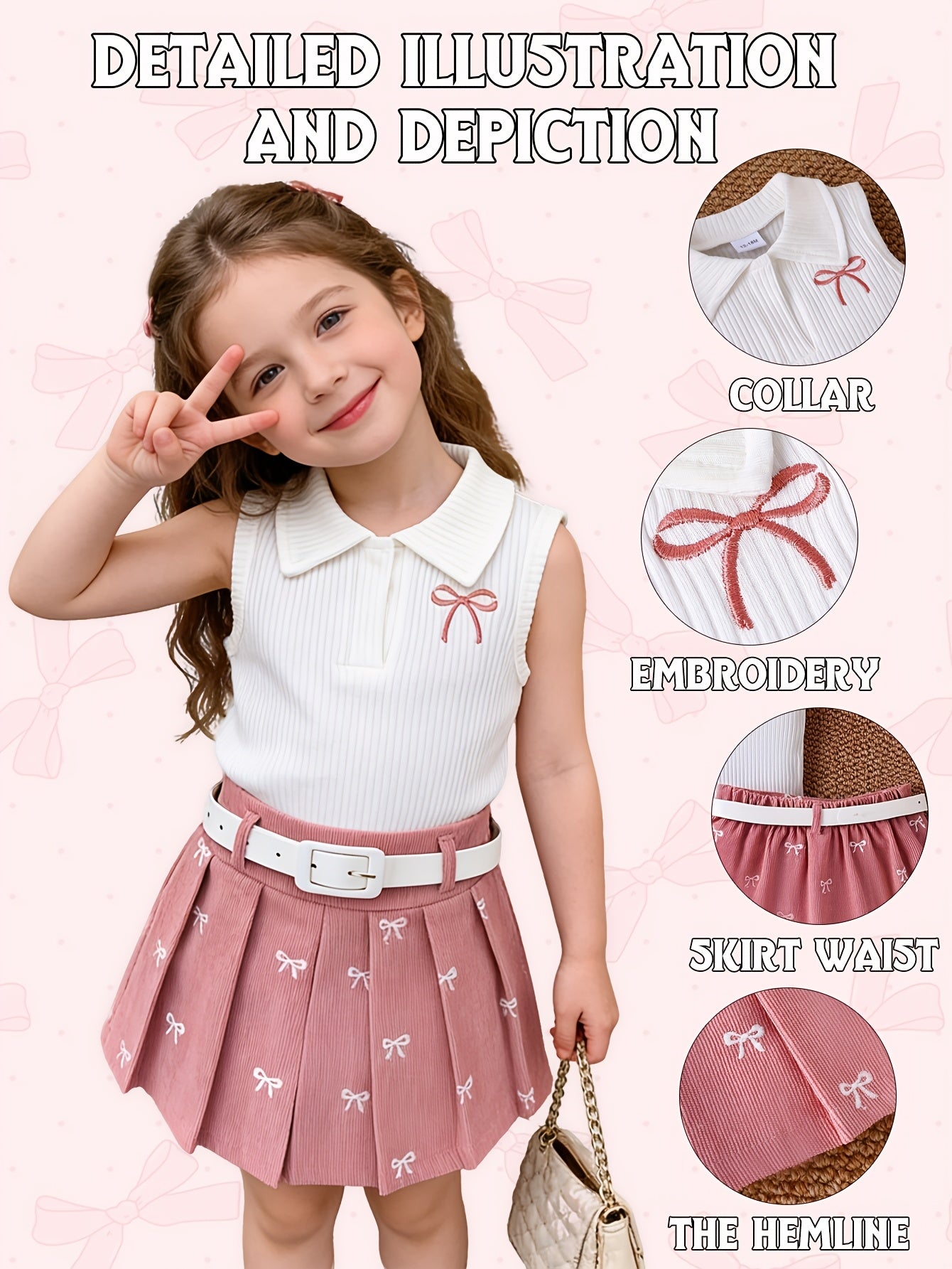 Girl's Collared Knit Tank Top + Bow Corduroy Skirt + Belt 3pcs Set - Sweet Preppy Style, Exquisite Bow Embroidery, Comfortable Corduroy Fabric, Elastic Waist, Perfect for Spring And Autumn, Great for Daily Streetwear And School Activities