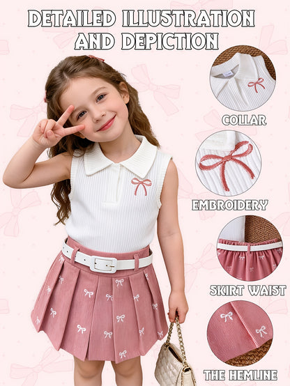 Girl's Collared Knit Tank Top + Bow Corduroy Skirt + Belt 3pcs Set - Sweet Preppy Style, Exquisite Bow Embroidery, Comfortable Corduroy Fabric, Elastic Waist, Perfect for Spring And Autumn, Great for Daily Streetwear And School Activities