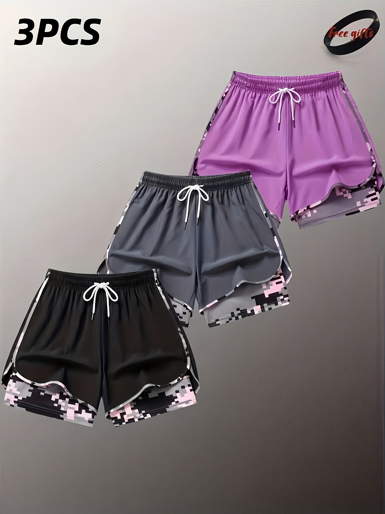 Three Pairs Of Women'S Summer Shorts, Double-layered, Two-in-one Design With Camouflage Pattern, Breathable And Quick-drying, Side Mesh Pockets, Non-stretch Fabric, Regular Fit, Side Pockets, And Casual Style, Free Bracelet Included.