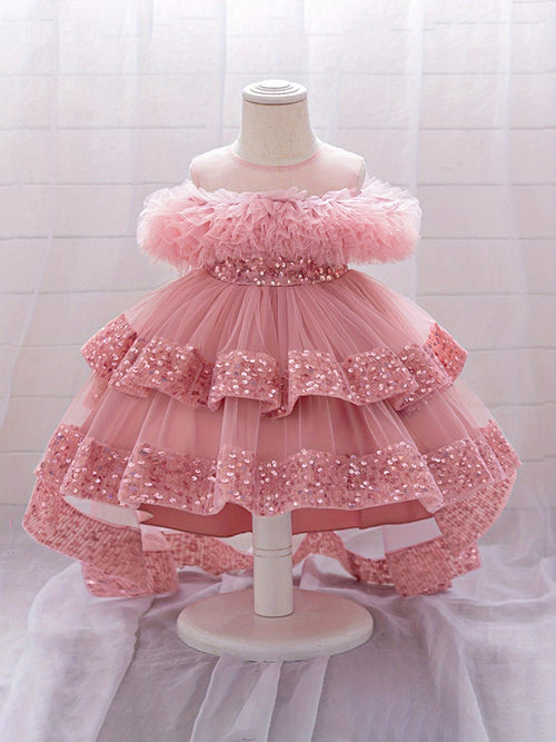 Kids Toddler Baby Girls Tulle Ball Gown Shiny Sequins Round Neck High Low Party Dresses for Birthday Wedding Dress