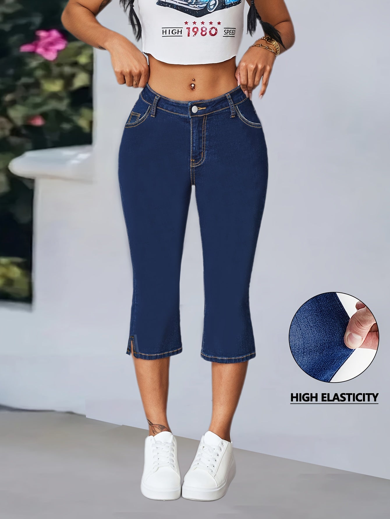 Women'S High-Waisted Mid-Rise Stretch Denim Capri Pants - Elegant Slim Fit with Button Closure, Ripped Detail, and Flared Hem, Light Blue, Spring/Summer Casual Wear, High Waisted Leggings, Spring Summer Apparel, Fashionforward Design