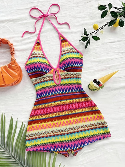 Women's Exotic Cool Orange Ethnic Geometric Print Halter Romper | Full Retro Print with Slim Fit, Eye-catching for Island Vacations and Music Festivals