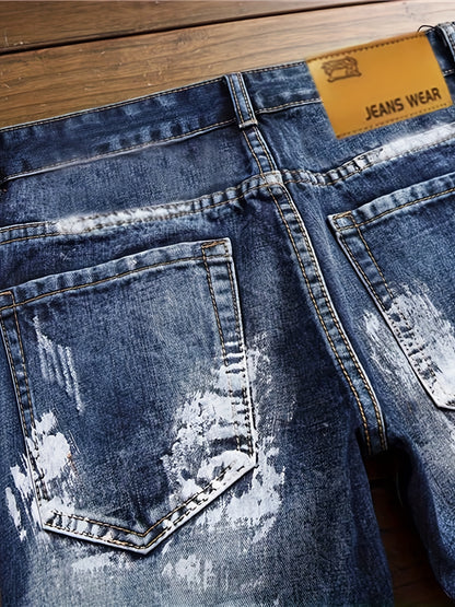 Punk Trend Blue Cat Whisker Slimming Fashion Flag Badge Paint Embroidery Small Straight Men'S Jeans