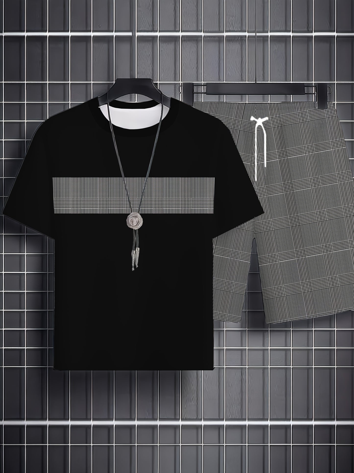 Men's Plus-Size 2pcs Casual Sports Set - Black Plaid T-Shirt & Matching Shorts | All-Season Comfort, Breathable & Lightweight | Hot Transfer Print Technology | Travel-Friendly Gym & Everyday Outfit | Machine Washable 2pcs Outfit, PLUS SIZE