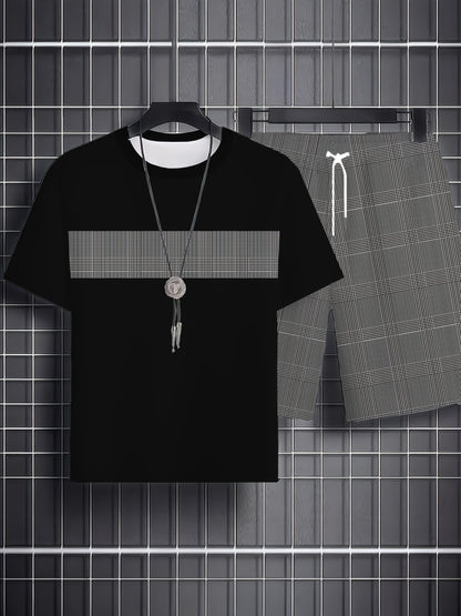 Men's Plus-Size 2pcs Casual Sports Set - Black Plaid T-Shirt & Matching Shorts | All-Season Comfort, Breathable & Lightweight | Hot Transfer Print Technology | Travel-Friendly Gym & Everyday Outfit | Machine Washable 2pcs Outfit, PLUS SIZE