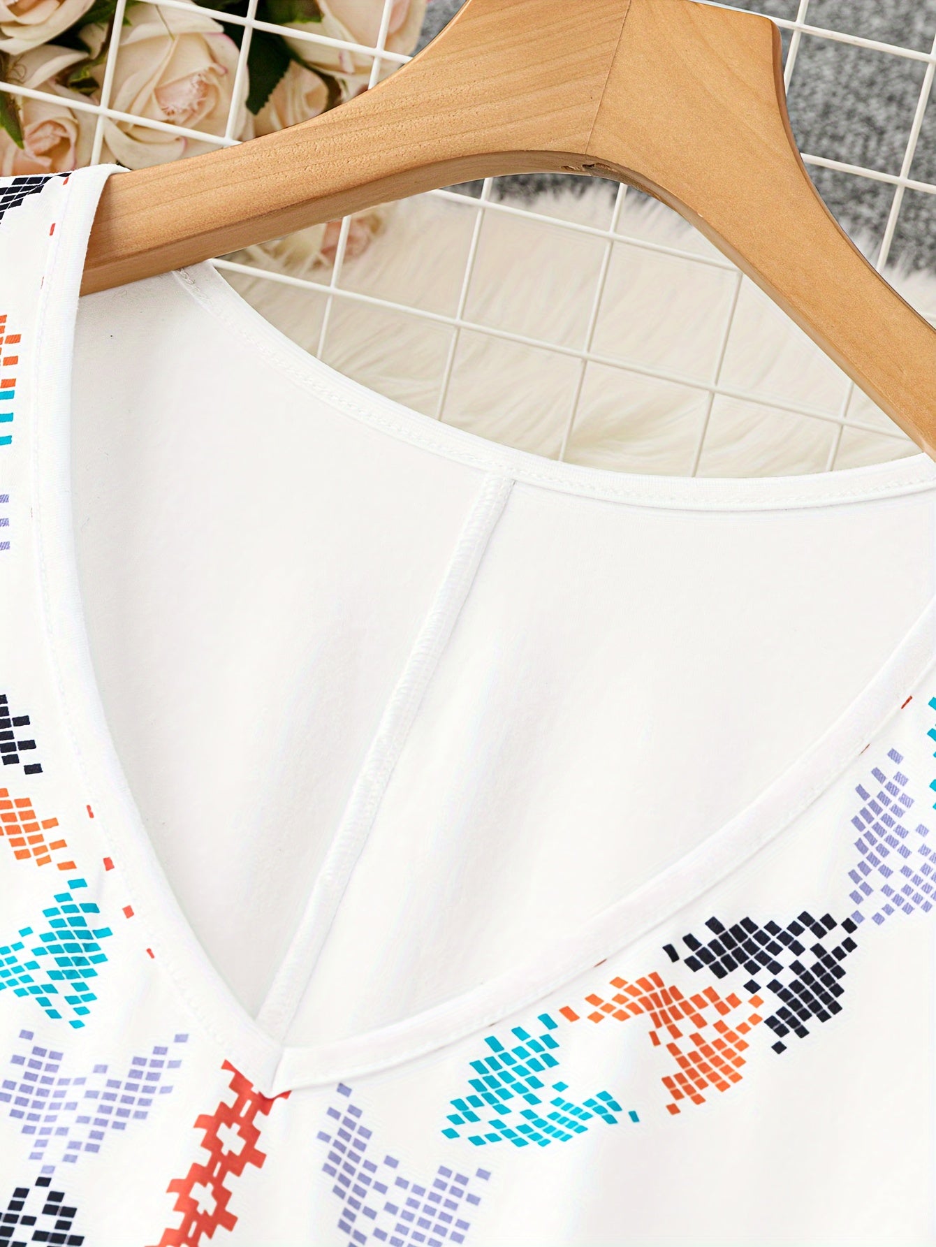 Plus Size - Plus Size - Chic Bohemian Summer Dress in Plus Size - V-Neck And Sleeveless Design Featuring a Unique Print - Made from Stretchy for Spring, Summer, And Fall