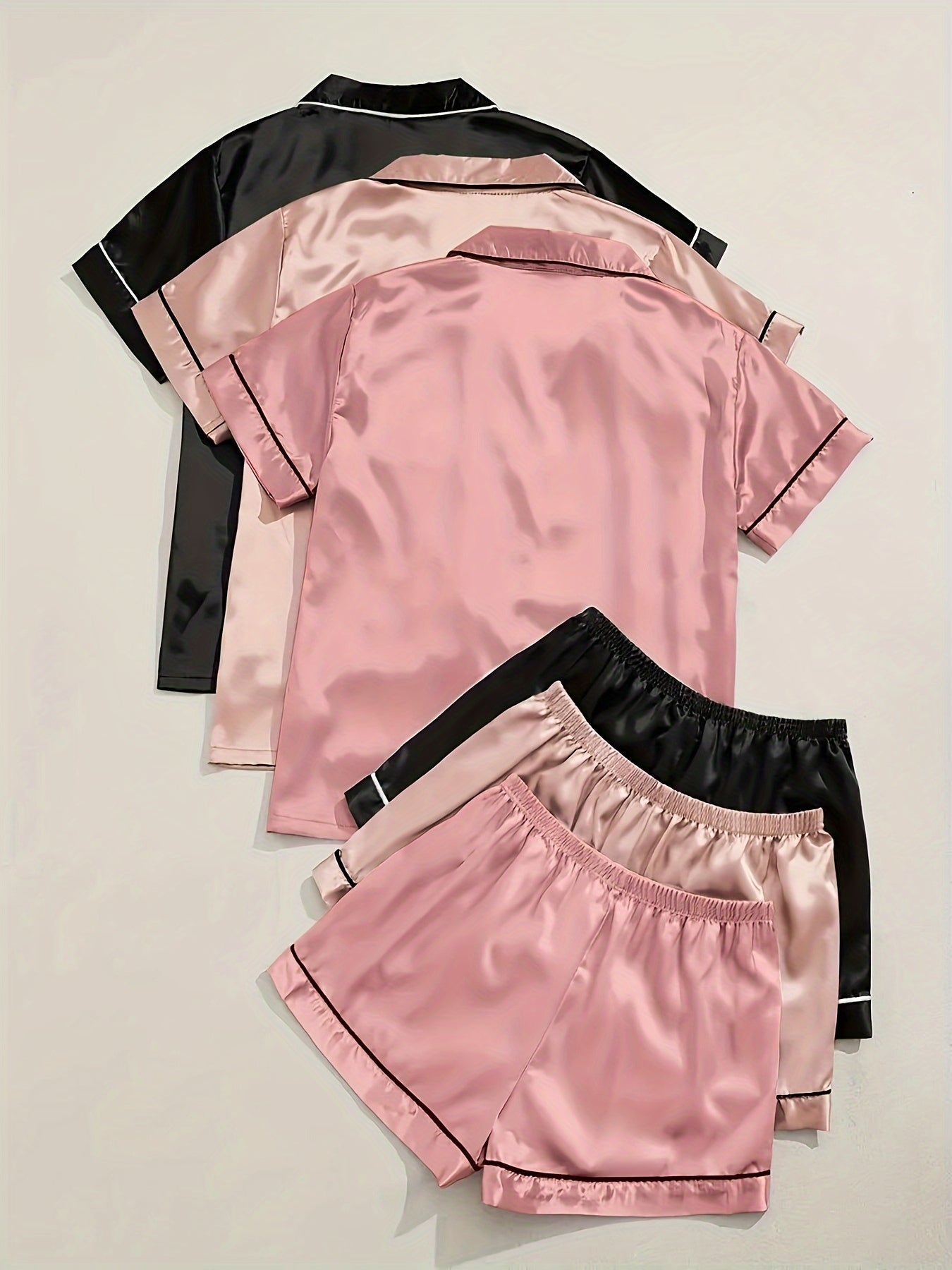 Black + Champagne + Pink Satin Short-Sleeve Shorts - product view 13