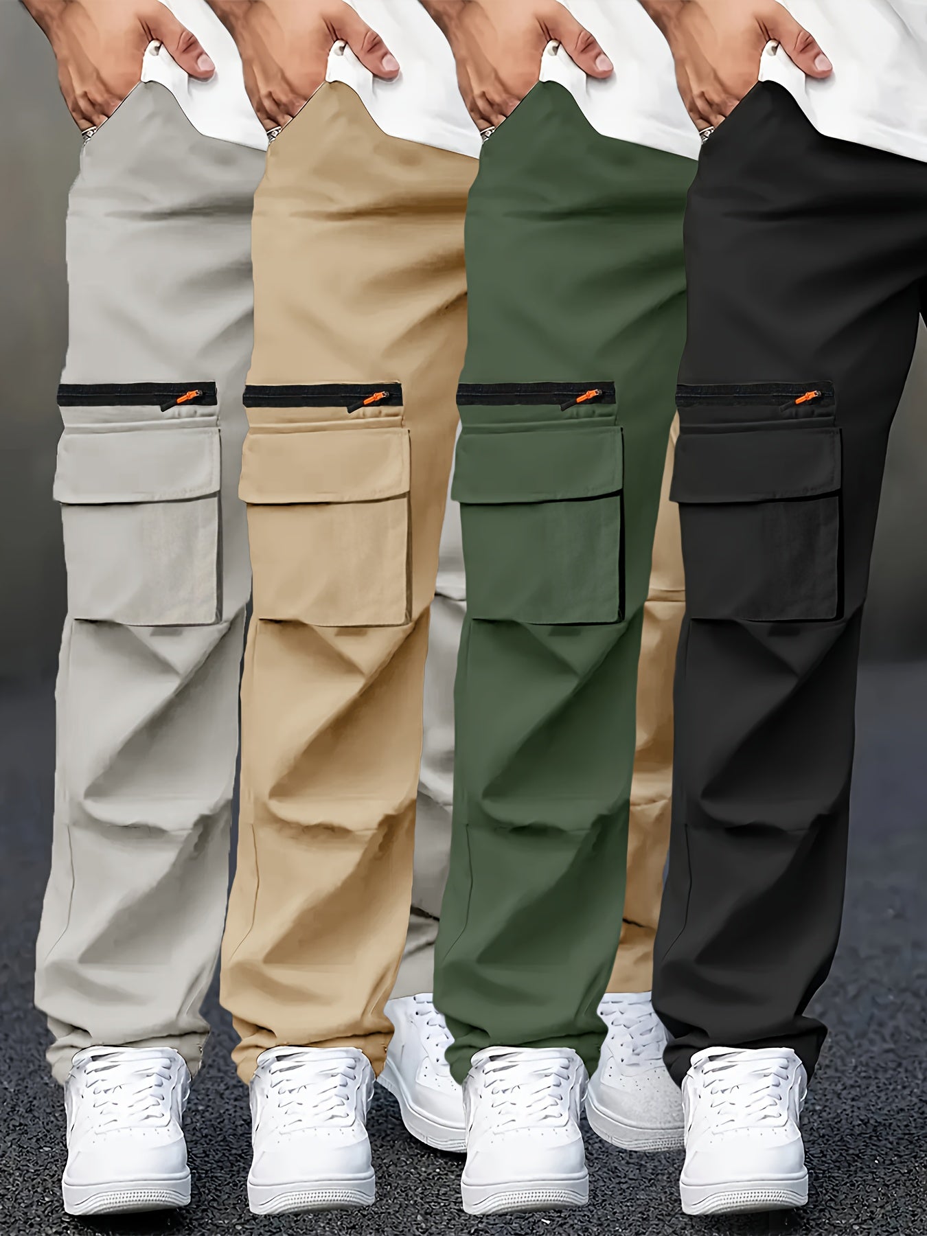 Set of 4 Men'S Long Pants with Cinched Waist And Multiple Pockets, Ideal for Outdoor Work Year-Round.