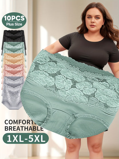 10pcs of Women's Plus-size High-waisted Seamless Tummy Control Panties- Lace-trimmed, Medium Stretch, Comfortable Daily Wear, Elegant Solid Color, Exquisite Design, Moderate Elasticity, Stylish and Durable, Exclusive Curves