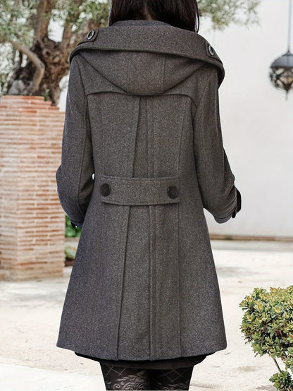 Women'S Cozy Double-Breasted Wool Peacoat Trench Jacket with Hood