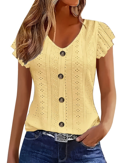 Women's Elegant V-Neck Ruffled Short Sleeve Top with Decorative Buttons, Casual Eyelet Embroidered Jacquard T-Shirt for Spring& Summer, Women's Clothing