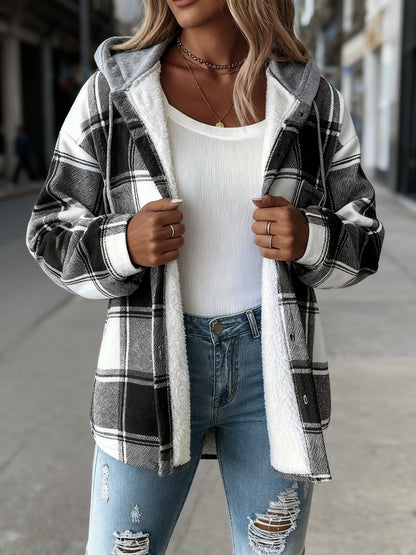 Plaid Hooded Jacket for Women Featuring a Lining, Perfect for Chilly Fall And Winter Days. It Has an Adjustable Hood And a Button-Front Closure, And Is Machine Washable. Available in Brown, Beige, White, And Black