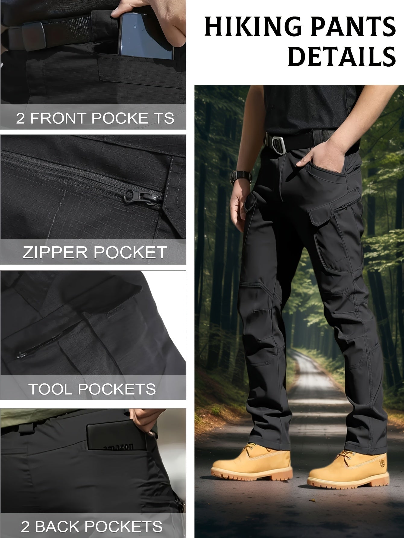 2pcs, Men's Lightweight Tear-resistant Work Hiking Pants with 9 Pockets | Elastic Waist, Non-Elastic Fabric, Solid Color, Ideal for Outdoor Activities Such as Mountaineering, Rock Climbing, Camping, Fishing, Hunting