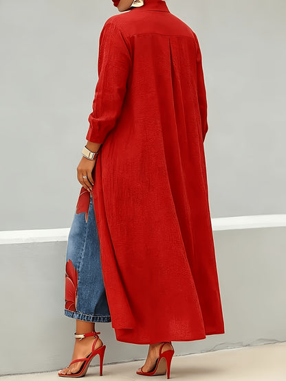 Red Women's Button Maxi Shirt Dress, Casual Long Sleeve Lapel Collar Loose Fit Duster Dress, Dress Only (Pants Not Included)