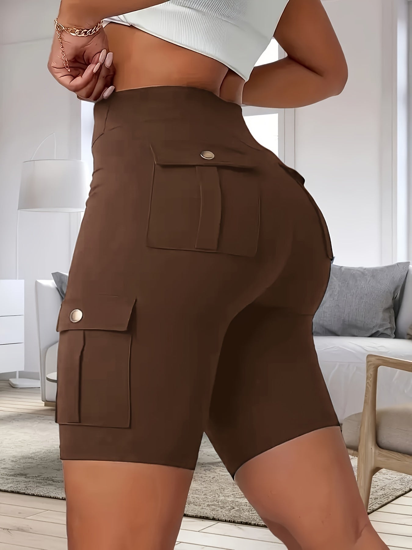 High Waist Women's Solid Color Sports Yoga Tooling Shorts with Pocket Design