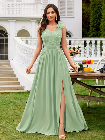 24451A Elegant Womens Mesh Deep V Neck Sequin Lace Maxi Dress, Sleeveless Applique Shoulder, Back V Neck, Ruched A Line Waist, High Thigh Slit Hem, Perfect For Formal Wedding Guest, Prom, Bridesmaid Party, Graduation Season, Wedding Season