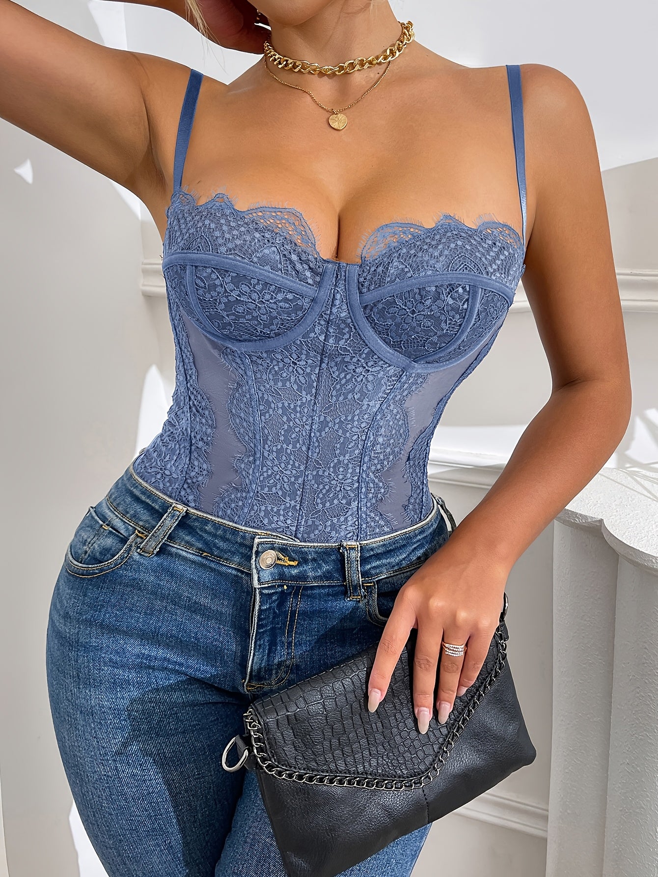 Women'S Black Lace Bodysuit - V-Neck Translucent Stretch Long Sleeveless Top, Slim Silhouette, Middle Eastern Style Elegance For All-Season Wear, Special Occasion Wear, Delicate Details, Formal Wear, Delicate Stitching, Fitted Corset, Elegant Lady