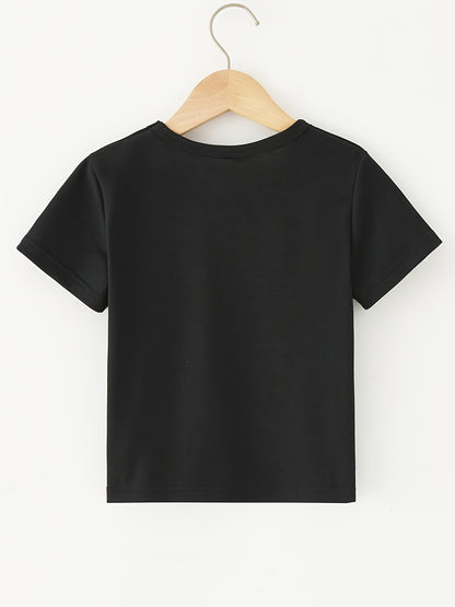 GOURD DOLL Boys' Black T-Shirt with Cowboy Back Print - Casual Short Sleeve,, Machine Washable, Ideal for Summer, Casual Youngsters's Clothing|Cartoon Cowboy Print| Shirt