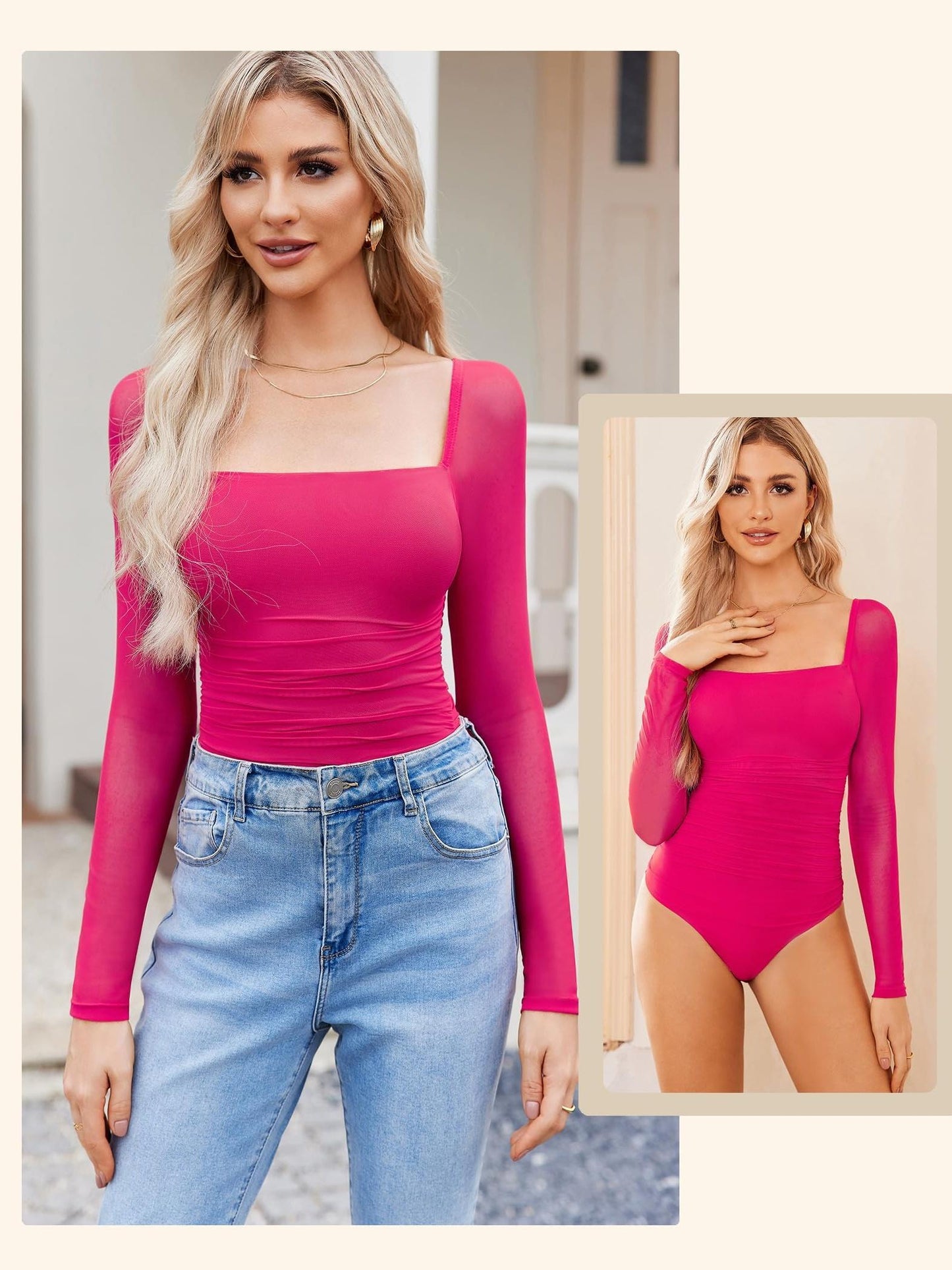 Women'S Square Neck Mesh Long Sleeve Bodysuit Shirts Ruched Body Suit Sexy Sheer Tops Date Night Outfit