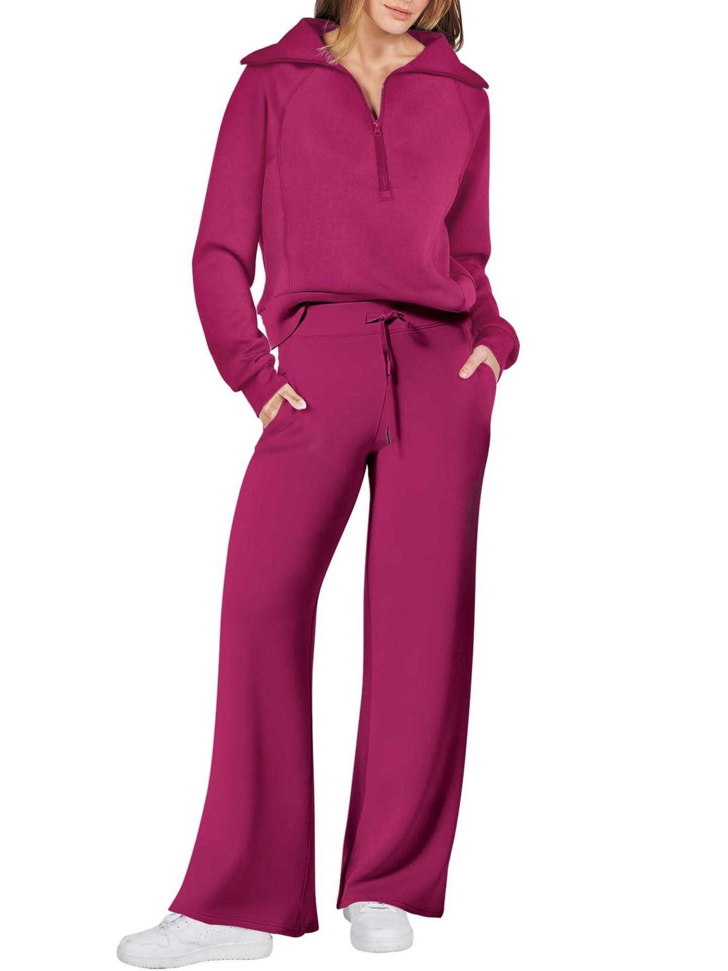 Spring/Autumn Casual Swear Set for Women, Zipper Long-Sleeve Sweatshirt and Wide-Leg Pants 2pcs Set