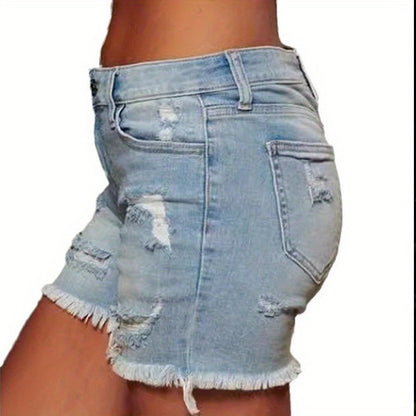 Women'S Distressed Denim Shorts: Featuring a Frayed Hem, High Waist, Slim Fit, Stylish & Trendy, Ideal for Summer, Eye-Catching Design!