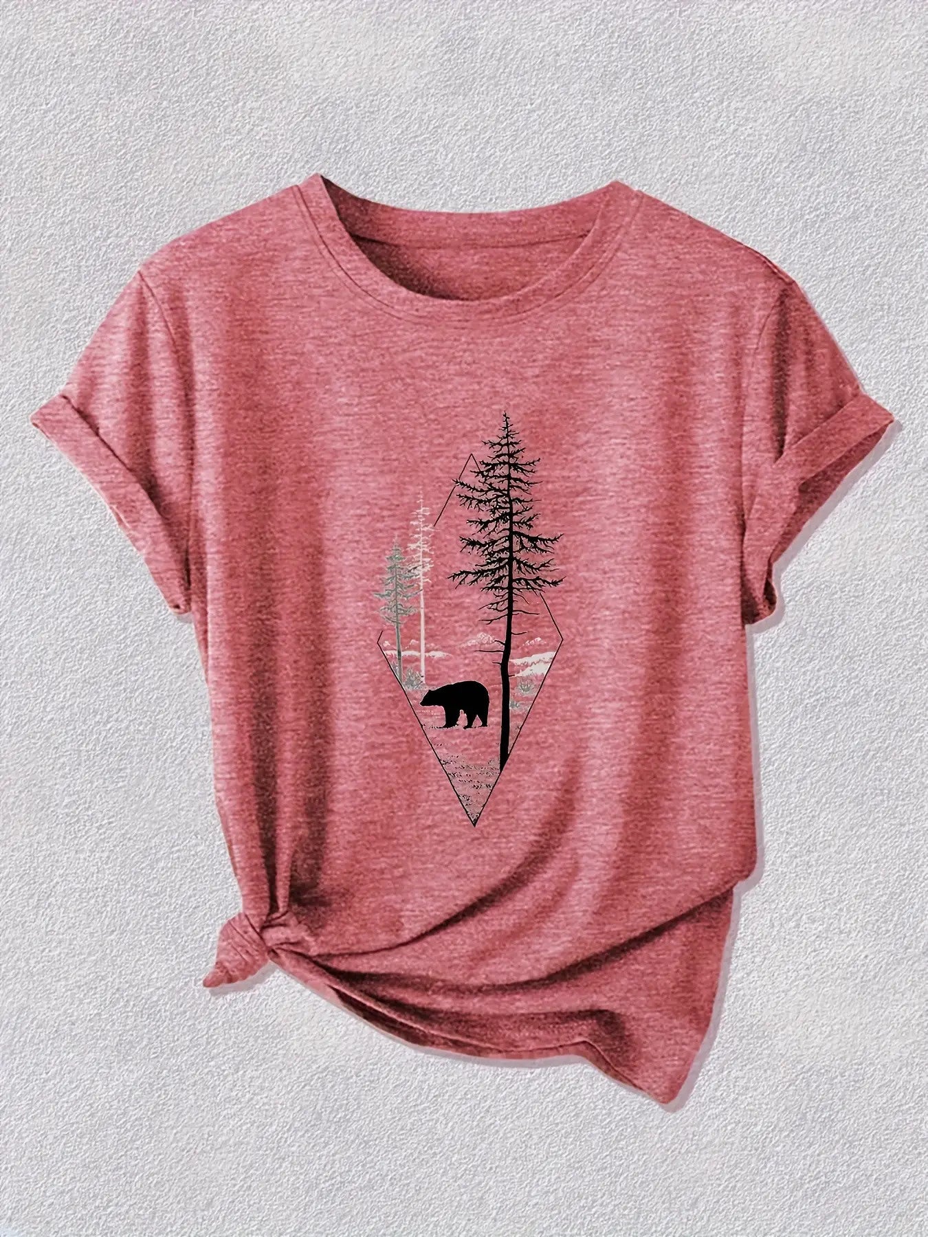 Women'S Outdoor Forest Print T-Shirt- Breathable Dopamine Blue Casual Style, Bear Silhouette and Pine Tree Pattern Design, Medium Elasticity Round Neck, Suitable for Daily Wear, Machine Washable