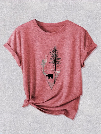 Women'S Outdoor Forest Print T-Shirt- Breathable Dopamine Blue Casual Style, Bear Silhouette and Pine Tree Pattern Design, Medium Elasticity Round Neck, Suitable for Daily Wear, Machine Washable