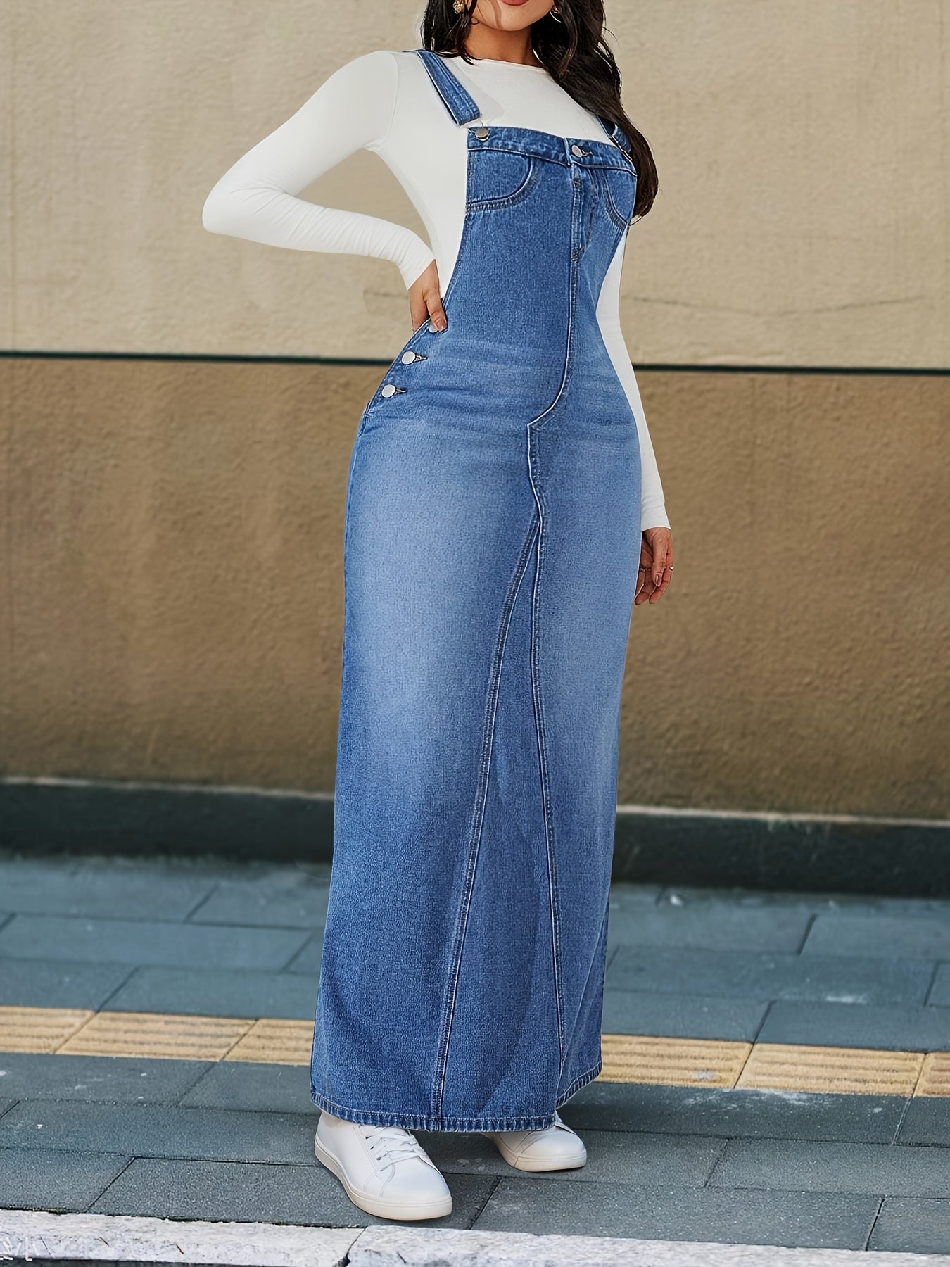 [Durable Denim Dress] Durable Denim Dress - Women's Non-Stretch Loose Fit Long Skirt with Detachable Strap, Multiple Buttons for Easy Closure, Everyday to Formal Outfits - Casual Chic Outwear, Versatile Outfit Option