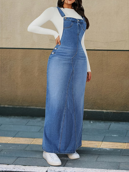 [Durable Denim Dress] Durable Denim Dress - Women's Non-Stretch Loose Fit Long Skirt with Detachable Strap, Multiple Buttons for Easy Closure, Everyday to Formal Outfits - Casual Chic Outwear, Versatile Outfit Option