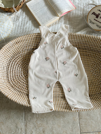 1pc Adorable Floral Embroidered Baby Girls' Overalls, Polyester Woven Regular Fit with Pockets, Comfortable Casual Outdoor Spring/Fall Outfit, for Outdoor