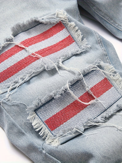 Men's Stretch Denim Jeans with Rips, Vintage Patches, And Casual Style, Suitable for All Seasons And Versatile for Outings And Fashion.